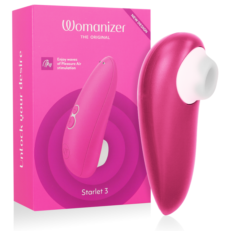 Pink Womanizer Starlet 3 clitoral stimulator with smooth, curved design and white silicone air pulse tip next to matching.