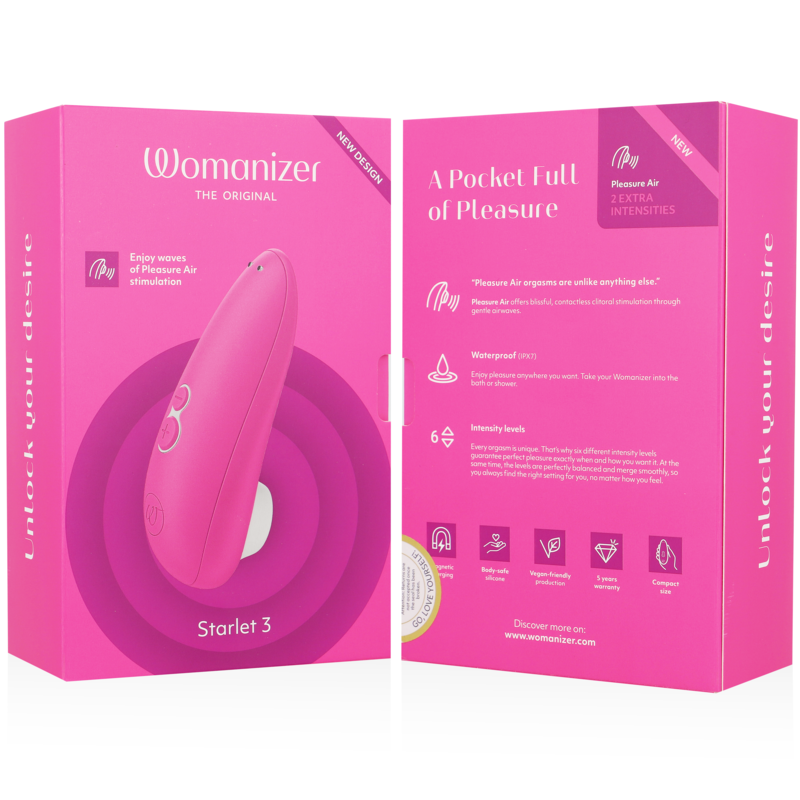 Pink Womanizer Starlet 3 clitoral stimulator with curved ergonomic design and control buttons on side.