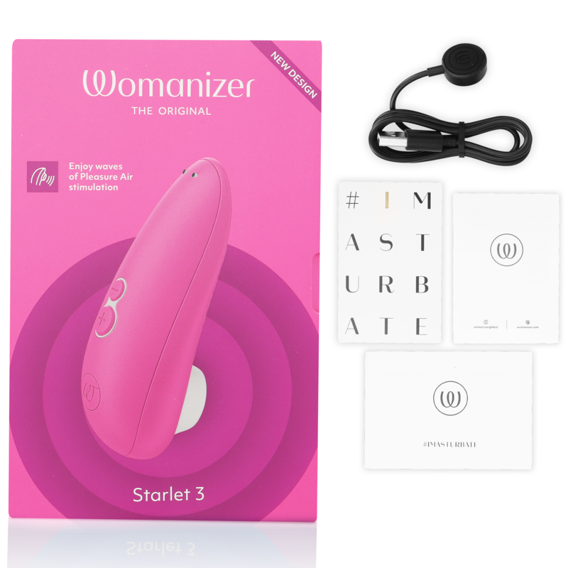 Pink Womanizer Starlet 3 clitoral stimulator with charging cable and instruction manuals on pink packaging.
