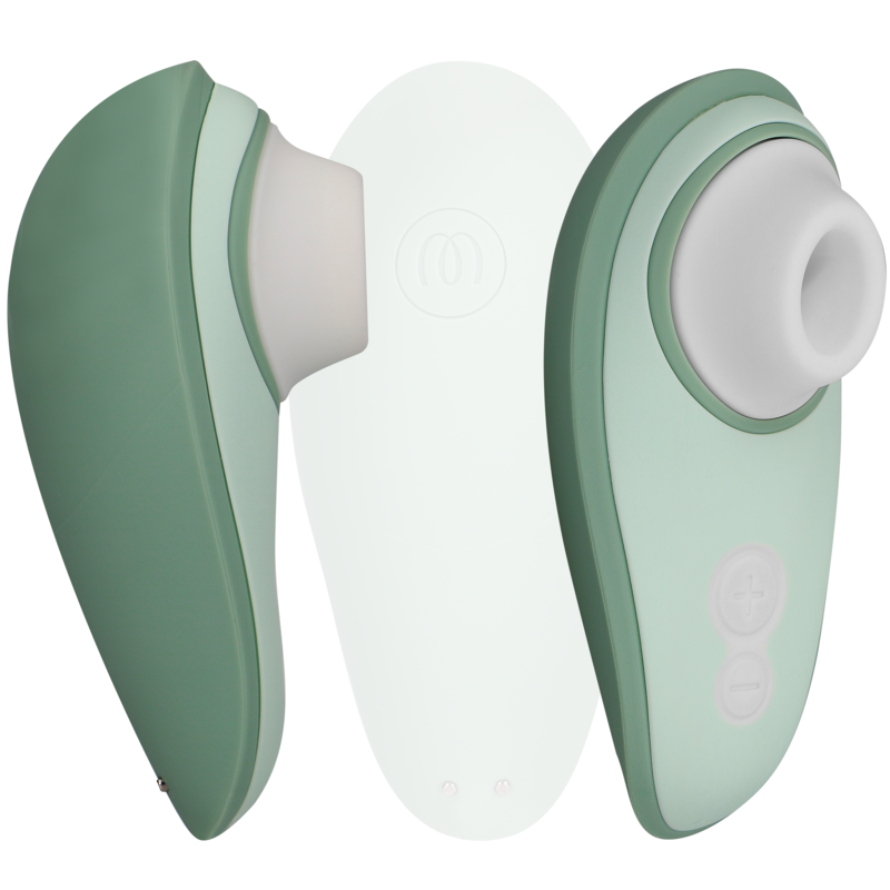 Light green Womanizer Liberty 2 clitoris stimulator with silicone suction head and ergonomic design.