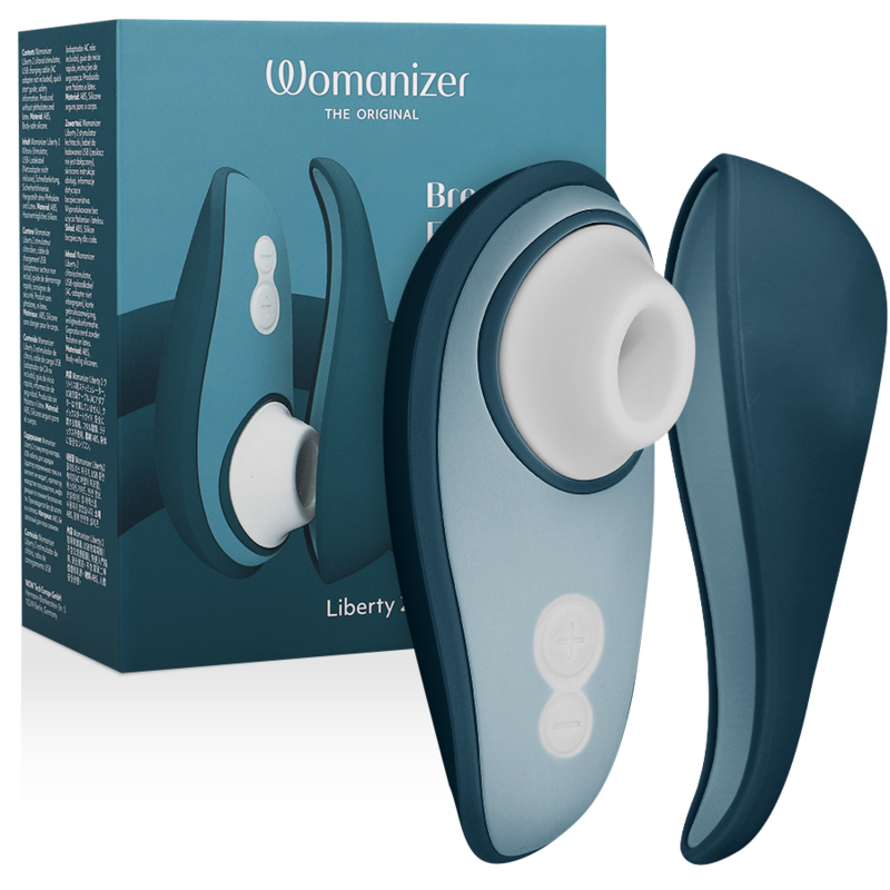 Blue Womanizer Liberty 2 clitoris stimulator with white silicone suction head and ergonomic design.