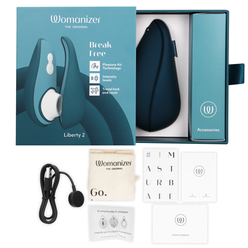 Blue Womanizer Liberty 2 clitoris stimulator with white suction head and black USB charging cable, cloth pouch, and.