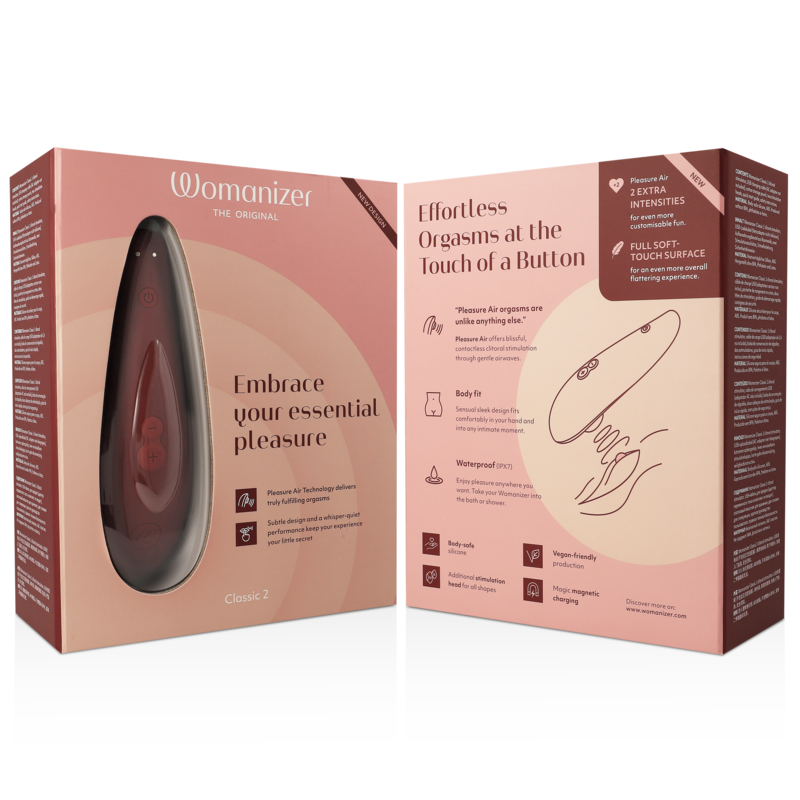 Bordeaux Womanizer Classic 2 clitoral stimulator in teardrop shape with ergonomic design in retail packaging.