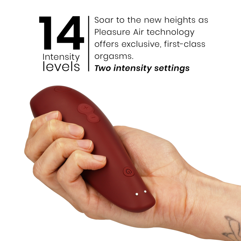 Bordeaux Womanizer Classic 2 clitoral stimulator with ergonomic shape held in hand.