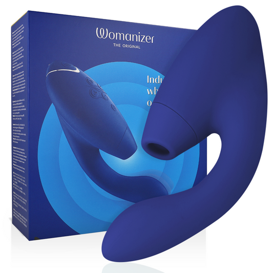 Blue ergonomic dual stimulator with rounded tips and control buttons, shown with matching blue packaging.