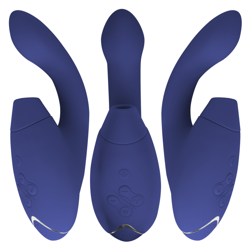 Blue dual stimulator with ergonomic curved design and control buttons on the handle.