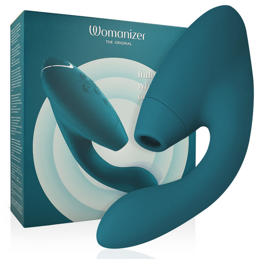 Blue petrol Womanizer Duo 2 stimulator with ergonomic curved design and textured control buttons.
