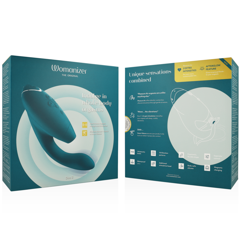 Blue petrol Womanizer Duo 2 stimulator with ergonomic design and dual stimulation features displayed on box packaging.