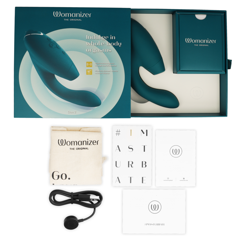 Blue petrol Womanizer Duo 2 stimulator with USB charging cable, storage pouch, and instruction manuals in open box packaging.