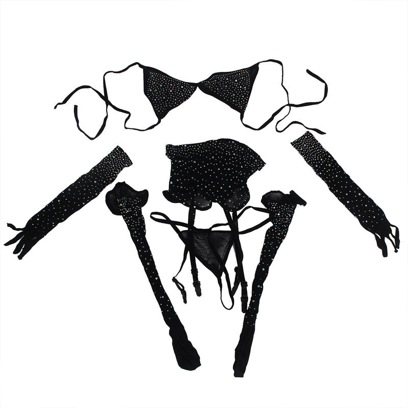 SUBBLIME - 952174 Netzbody mit Handschuhen und Strasssteinen, Schwarz, Einheitsgröße