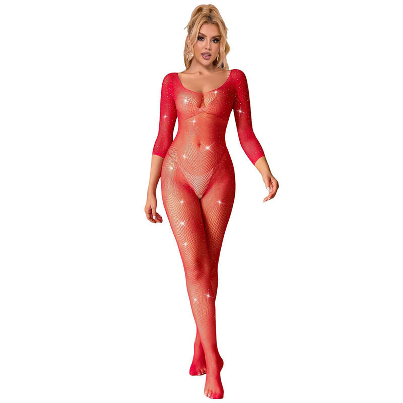 SUBBLIME - 952419 Netzbody mit Strasssteinen, langärmlig, rot, XS/M