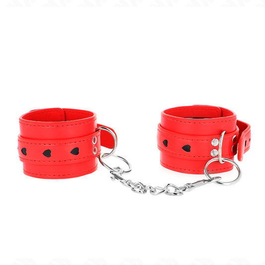 KINK – ROTE HANDGELENKFESSELN MIT SCHWARZEM HERZ-INLAY, VERSTELLBAR 21–28 CM X 5,5 CM