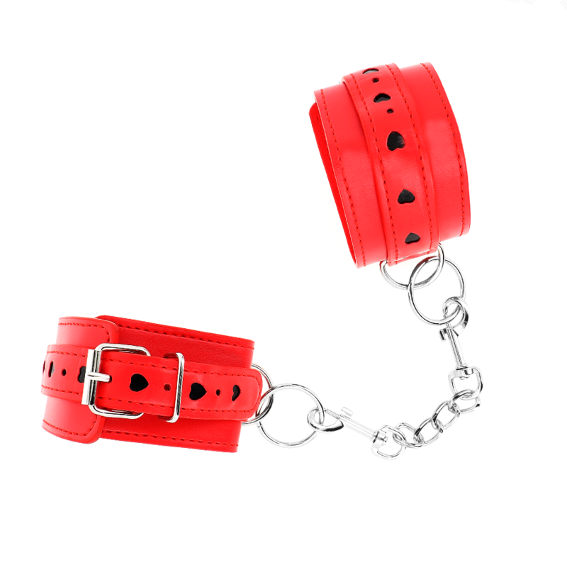 KINK – ROTE HANDGELENKFESSELN MIT SCHWARZEM HERZ-INLAY, VERSTELLBAR 21–28 CM X 5,5 CM