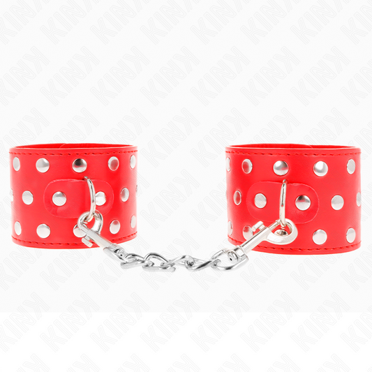 KINK - KLAMRY NA NADGARSTKI Z ZAPIĘCIEM NA NAPĘD, PEŁNE NITÓW, CZERWONE, REGULOWANE 19-24 CM X 5,5 CM