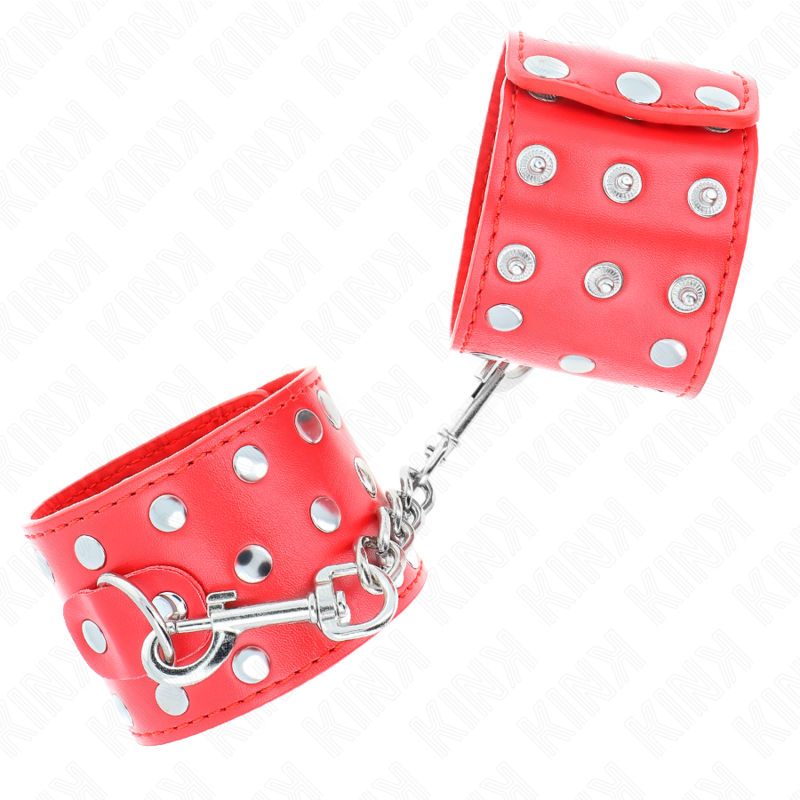 KINK - KLAMRY NA NADGARSTKI Z ZAPIĘCIEM NA NAPĘD, PEŁNE NITÓW, CZERWONE, REGULOWANE 19-24 CM X 5,5 CM