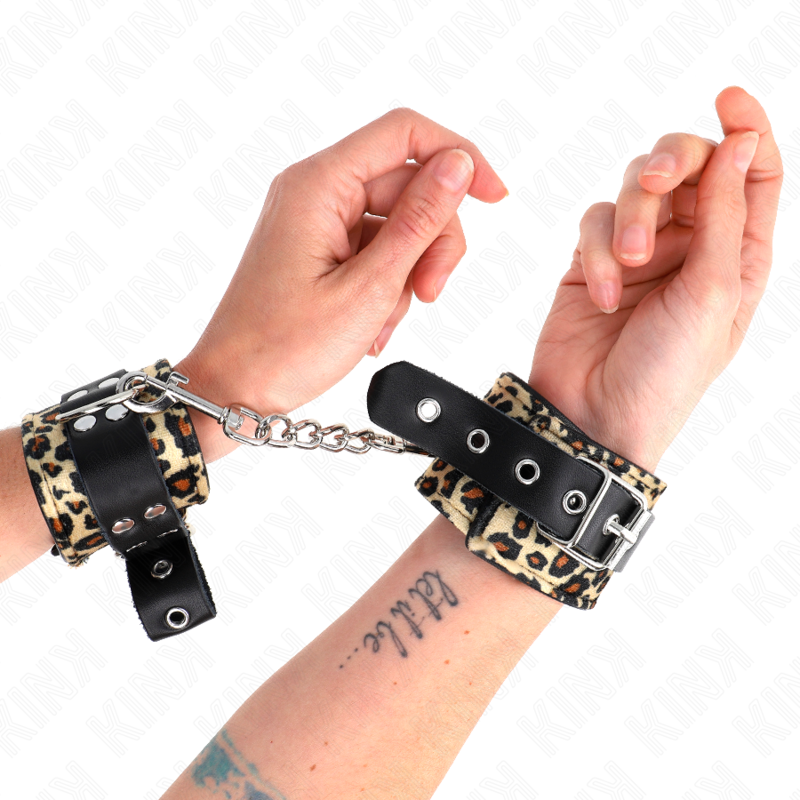 KINK - Handgelenksfessel aus echtem Leder mit Leopardenmuster, verstellbar, 18-29 cm x 5,5 cm