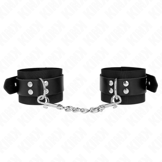 KINK - NYLONOWE KLAMRY NA NADGARSTKI CZARNE Z PASKIEM SKÓRZANYM CZARNE REGULOWANE 19-29 CM X 5,1 CM