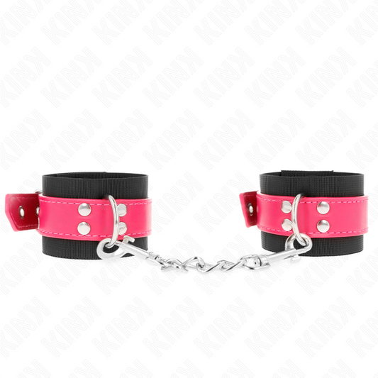 KINK - NYLONOWE KARBONY NA NADGARSTKI CZARNE Z PASKIEM ZE SKÓRY MALINA RÓŻA REGULOWANE 19-29 CM X 5,1 CM