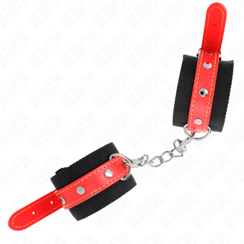 KINK - NYLONOWE KARABINEK NA NADGARSTKI CZARNE Z SKÓRZANĄ CZERWONĄ REGULOWANE 19-24 CM X 5,5 CM