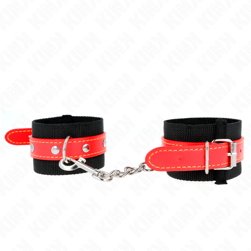 KINK - NYLONOWE KARABINEK NA NADGARSTKI CZARNE Z SKÓRZANĄ CZERWONĄ REGULOWANE 19-24 CM X 5,5 CM