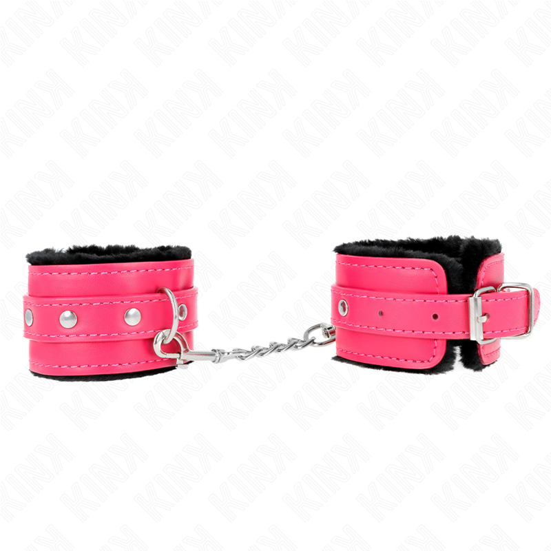 KINK - WYSOKIEJ JAKOŚCI UCHWYTY NA NADGARSTKI WYKOŃCZONE FUTREM, CZARNE Z PASKIEM W KOLORZE MALINOWYM, REGULOWANE 17-29 CM X 6 CM