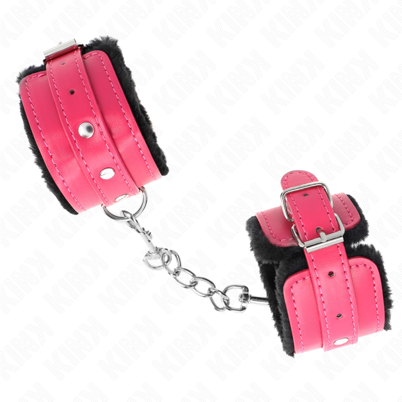 KINK - WYSOKIEJ JAKOŚCI UCHWYTY NA NADGARSTKI WYKOŃCZONE FUTREM, CZARNE Z PASKIEM W KOLORZE MALINOWYM, REGULOWANE 17-29 CM X 6 CM