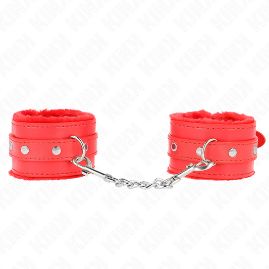 KINK - CZERWONE, WYSOKIEJ JAKOŚCI UCHWYTY NA NADGARSTKI Z FUTREM, REGULOWANE, Z CZERWONYM PASKIEM, 17-29 CM X 6 CM