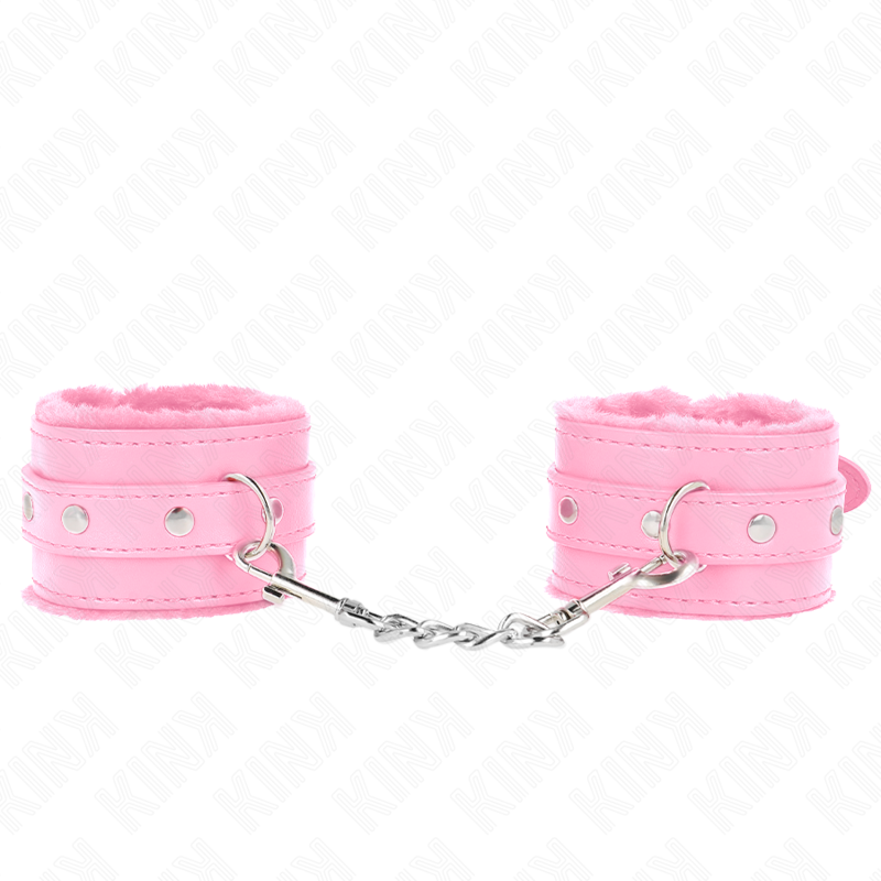 KINK - RÓŻOWE, WYKOŃCZONE FUTREM UCHWYTY NA NADGARSTKI Z RÓŻOWYM PASKIEM, REGULOWANE 17-29 CM X 6 CM