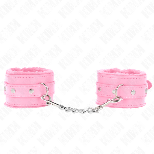 KINK - RÓŻOWE, WYKOŃCZONE FUTREM UCHWYTY NA NADGARSTKI Z RÓŻOWYM PASKIEM, REGULOWANE 17-29 CM X 6 CM