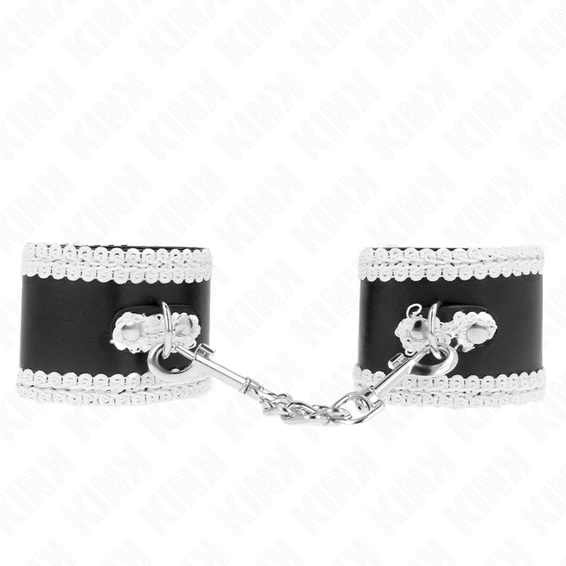 KINK - SCHWARZE HANDGELENKSFESSELN MIT WEISSER VERZIERTER SPITZE, VERSTELLBAR 20-23 CM X 5,5 CM