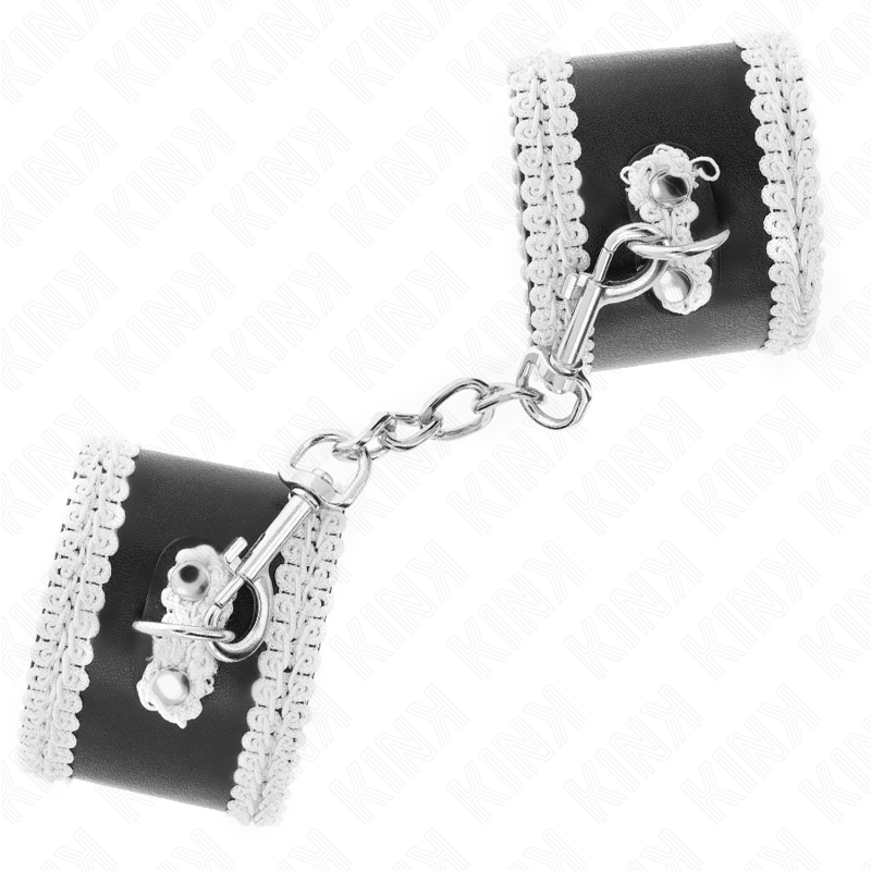 KINK - SCHWARZE HANDGELENKSFESSELN MIT WEISSER VERZIERTER SPITZE, VERSTELLBAR 20-23 CM X 5,5 CM