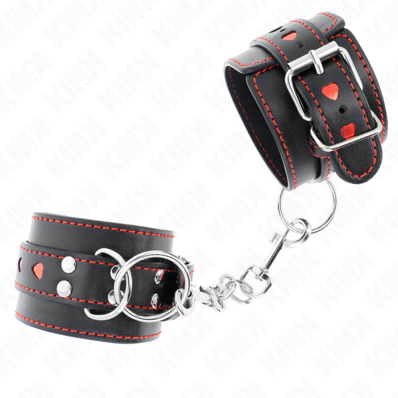 KINK – SCHWARZE HANDGELENKSFESSELN MIT ROTEM HERZ-INLAY, VERSTELLBAR 21–28 CM X 5,5 CM