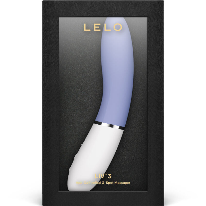 Curved blue and white G-spot stimulator with smooth silicone surface and silver accent ring.