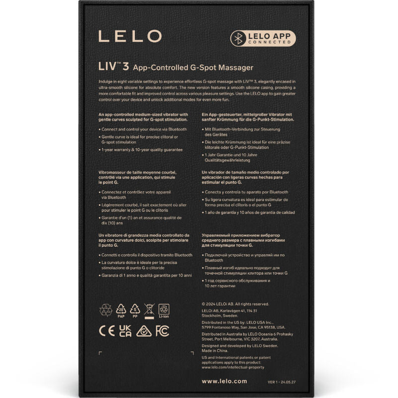 Black LELO LIV 3 G-spot stimulator packaging with gold text detailing product features and app compatibility.