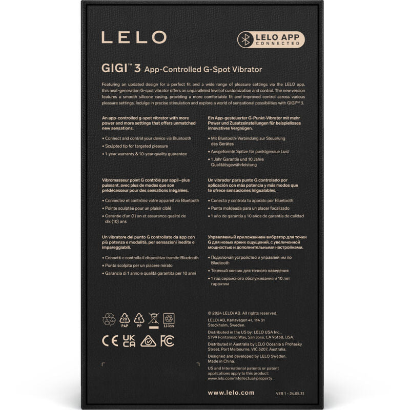 Black LELO GIGI 3 G-Spot vibrator box with gold and white text detailing product features.