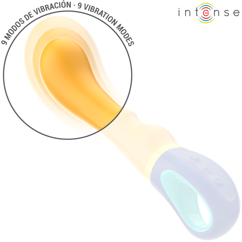 Yellow ergonomic vibrator with slightly curved tip, textured shaft, and black handle with controls.
