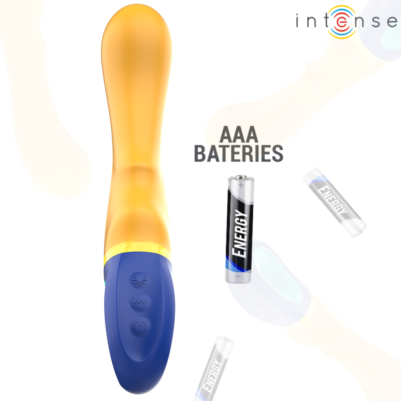 Yellow and blue curved vibrator with textured shaft and control buttons, shown with AAA battery.
