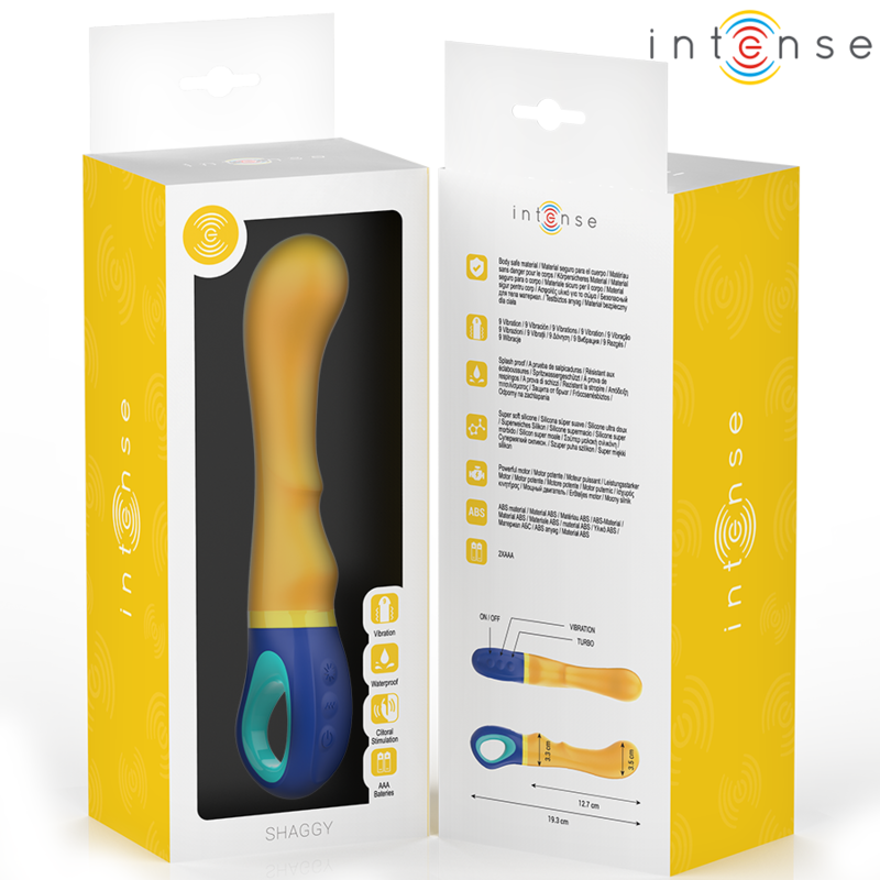 Yellow curved G-spot vibrator with blue ergonomic handle in bright yellow packaging.