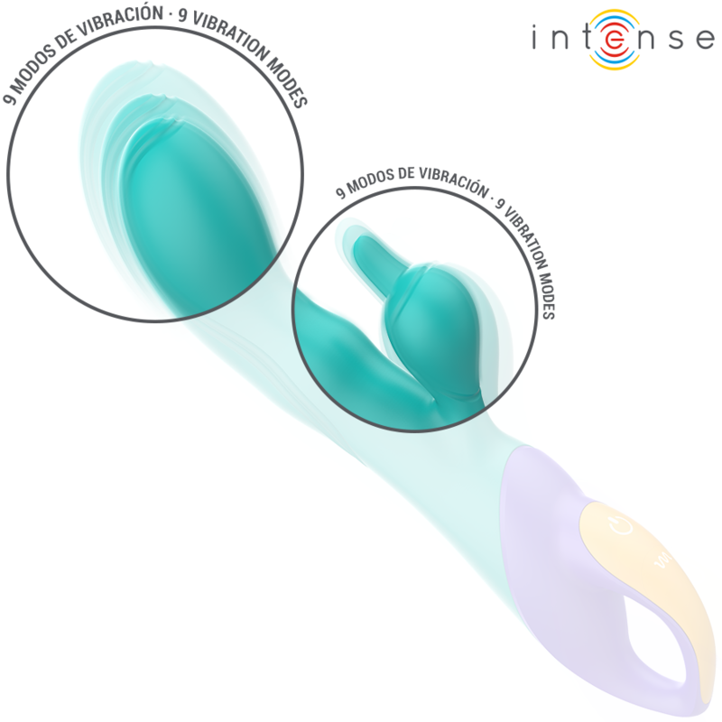 Blue dual-stimulation vibrator with curved tip and ergonomic handle featuring gold buttons.