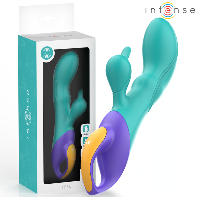 Blue ergonomic rabbit vibrator with curved shaft and flexible clitoral stimulator, purple and yellow base with control.
