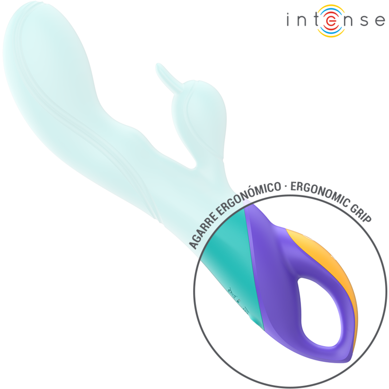 Light blue ergonomic vibrator with curved design and flexible rabbit-style clitoral stimulator, featuring purple and orange.