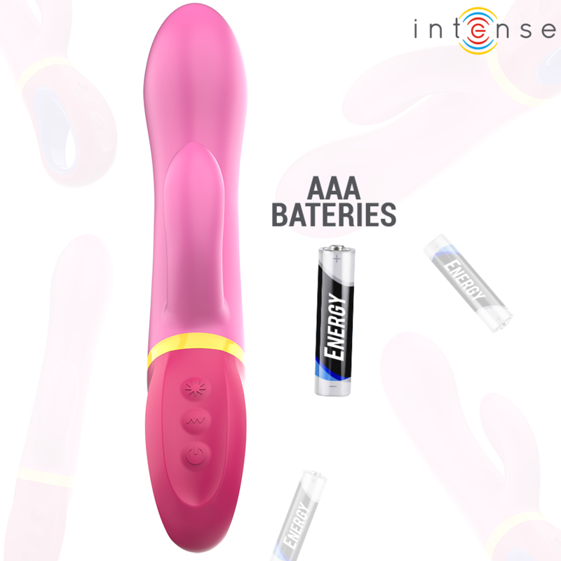 Pink rabbit vibrator with dual motors, ergonomic handle, and three control buttons.