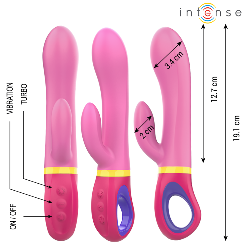 Pink rabbit vibrator with curved tip, dual motors, textured handle, and gold accent ring.