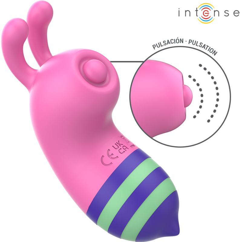 Pink silicone pulsation tongue stimulator with dual flexible tips and blue-green striped base.