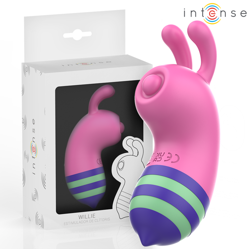 Pink and purple tongue stimulator with dual flexible ears and striped base next to white packaging with product image.