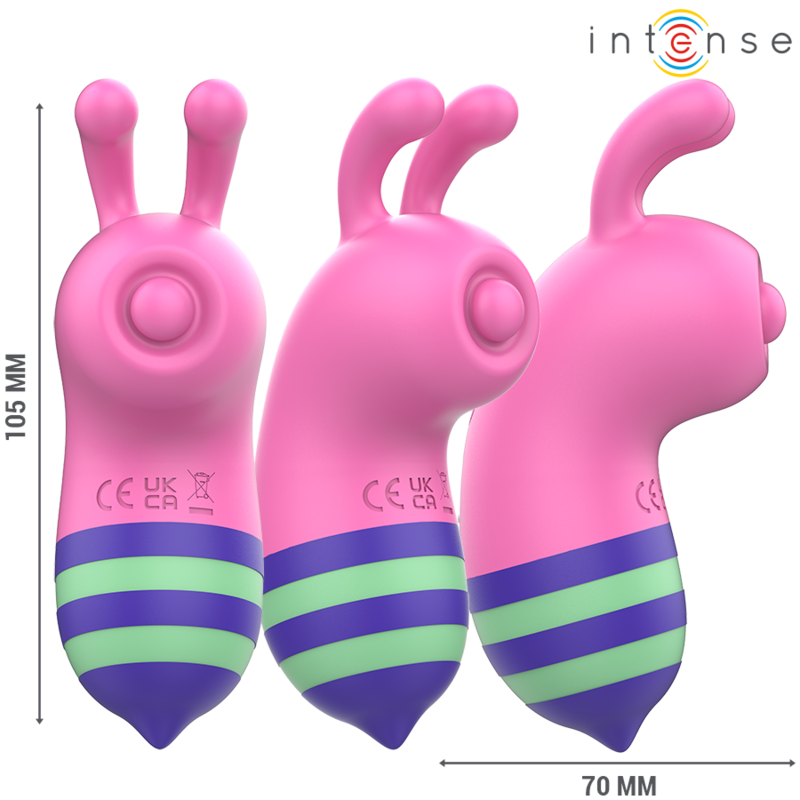 Pink silicone tongue stimulator with rabbit ears and green and blue striped base, 105mm tall, compact design.