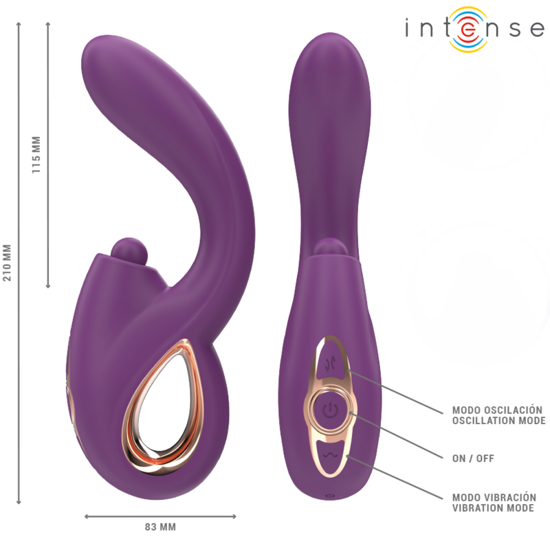 Purple multifunction G-spot vibrator with curved shaft, external stimulator, and gold-accented handle with buttons.