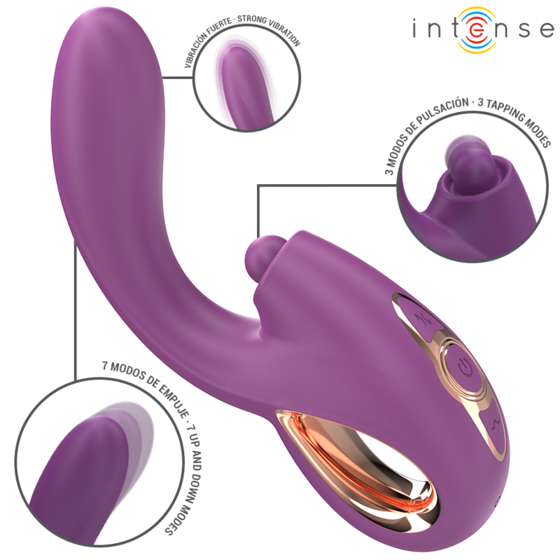Purple multifunction G-spot vibrator with ergonomic curved tip and rose gold accent.