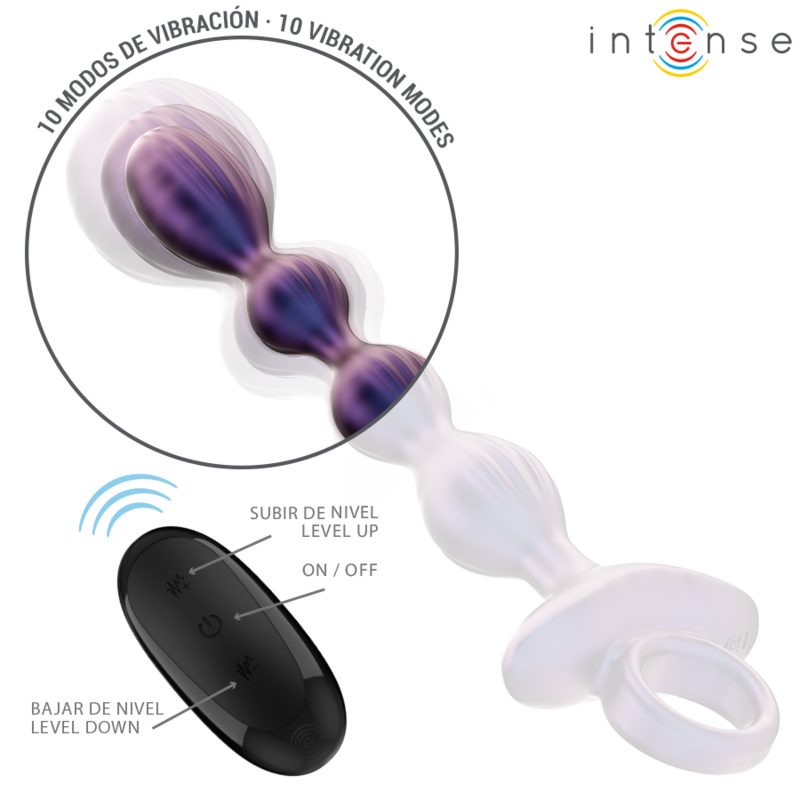 Purple vibrating anal plug with three rounded bulbs and attached ring, black remote control with buttons.