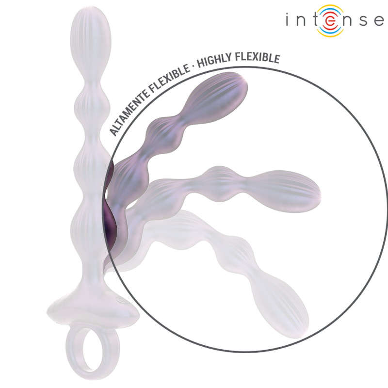 Purple silicone vibrating anal plug with wavy shaft and ring handle, shown in flexible positions.